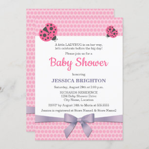 Pink Ladybug with Lavender Ribbon Baby Shower Invitation