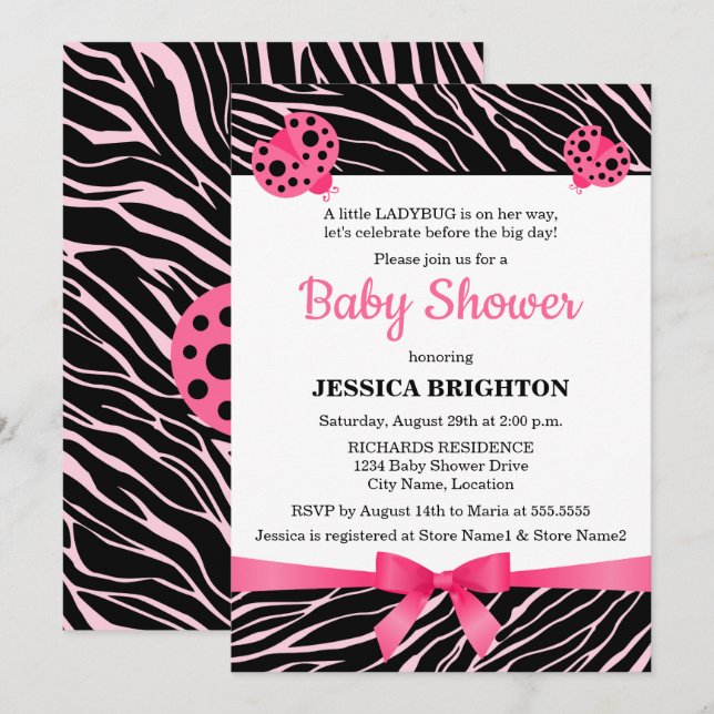 Pink Ladybug Zebra Stripes Baby Shower Invitation (Front/Back)