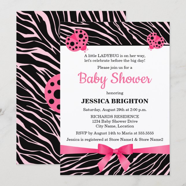 Pink Ladybug Zebra Stripes Baby Shower Invitation (Front/Back)
