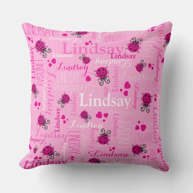 Pink ladybugs and hearts girls custom name throw pillow (Front)