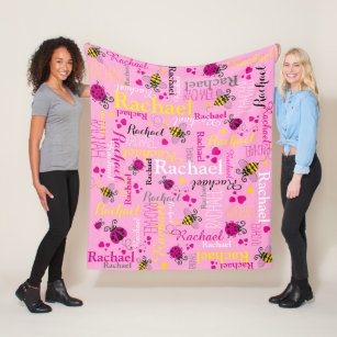 Pink ladybugs bees and hearts girls custom name fleece blanket
