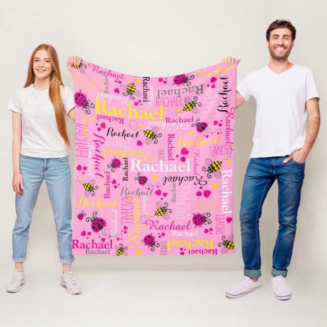 Pink ladybugs bees and hearts girls custom name fleece blanket (In Situ)