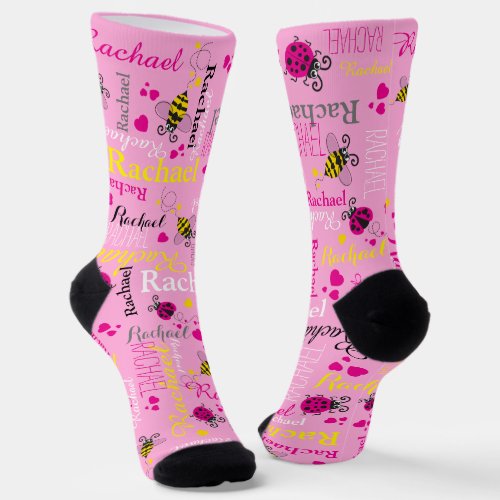 Pink ladybugs bees and hearts girls custom name socks