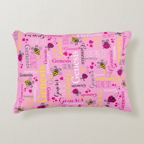 Pink ladybugs bees hearts girls custom name accent pillow