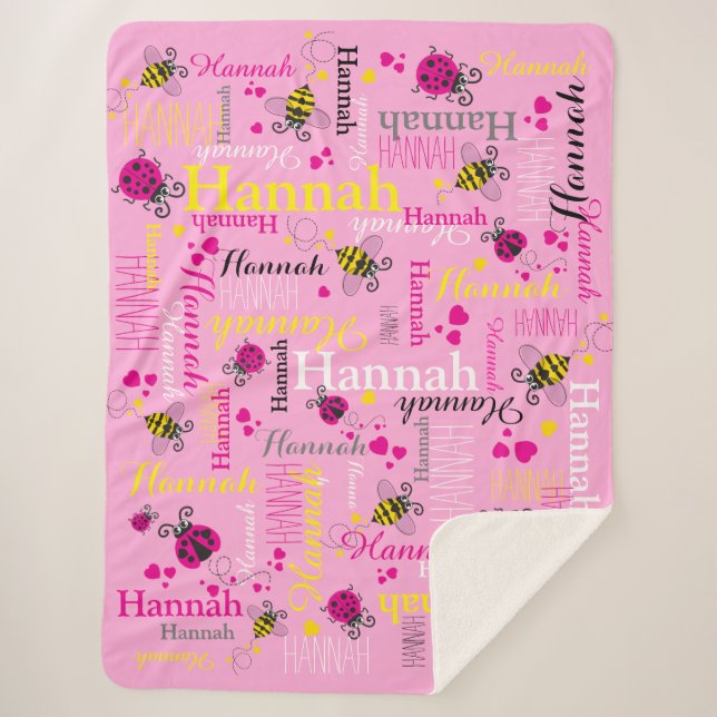Pink ladybugs bees hearts girls custom name sherpa blanket (Front)