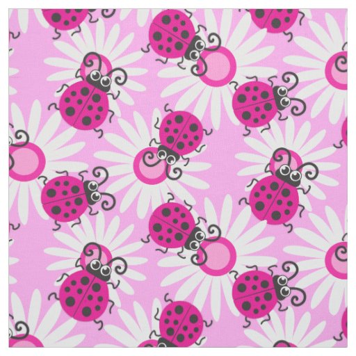 Pink ladybugs ladybirds flowers graphic pattern fabric