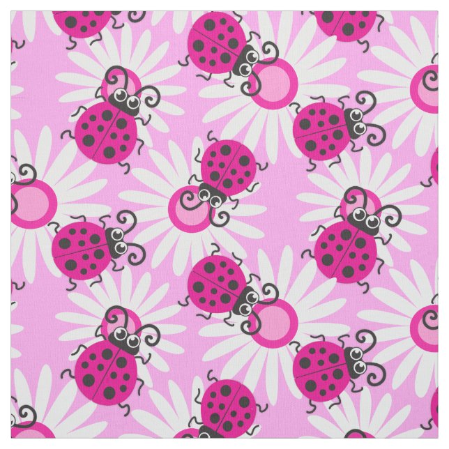 Pink ladybugs ladybirds flowers graphic pattern fabric (Swatch)