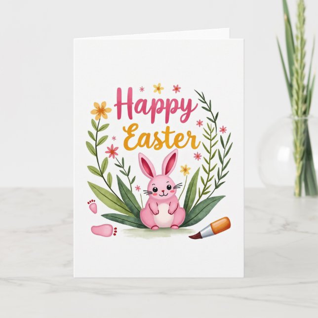 Pink Lagomorph Easter Watercolor Card (Front)