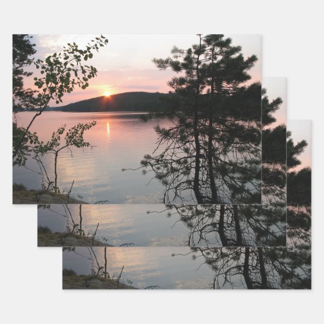 Pink Lake Sunset with Trees Wrapping Paper Sheets (Set)