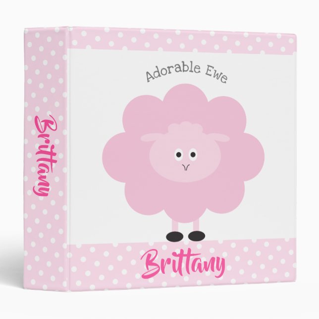 Pink Lamb Adorable Ewe Script Name Cute School 3 Ring Binder (Front/Spine)