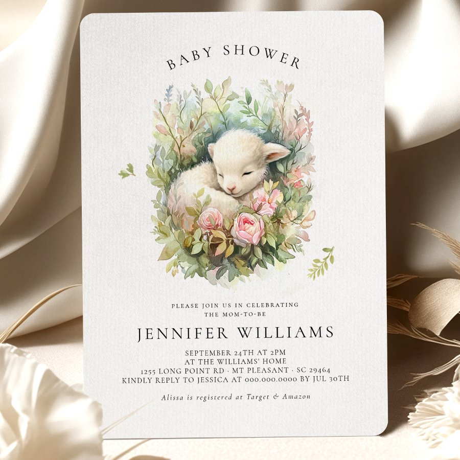 Pink Lamb Baby Shower Girl Invitations 