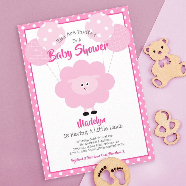 Pink Lamb Baby Shower Script Balloons Cute Modern Invitation (Creator Uploaded)