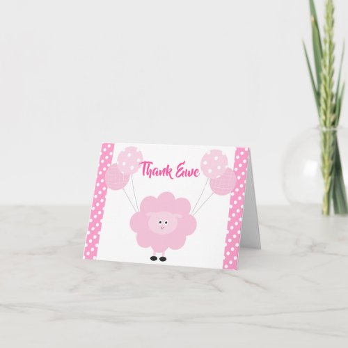 Pink Lamb Balloons Cute Sweet Girl Baby Shower Thank You Card