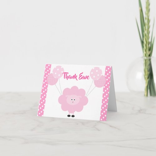 Pink Lamb Balloons Girl Baby Shower Cute Sweet Thank You Card