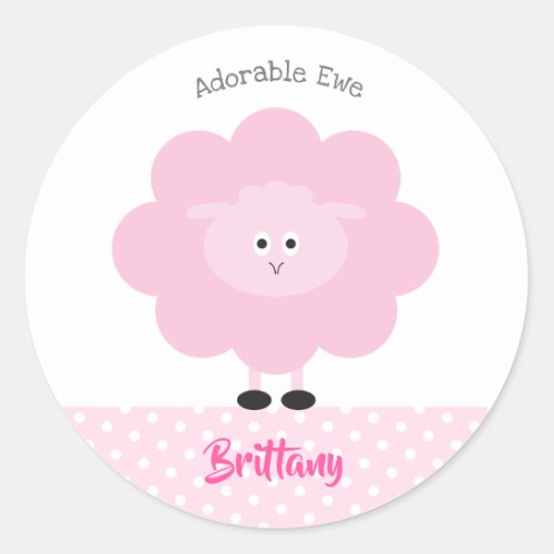 Pink Lamb Cute Adorable Ewe Back to School Name Classic Round Sticker