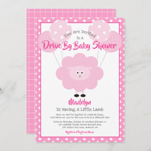 Pink Lamb Drive Through Baby Shower Cute Modern Invitation