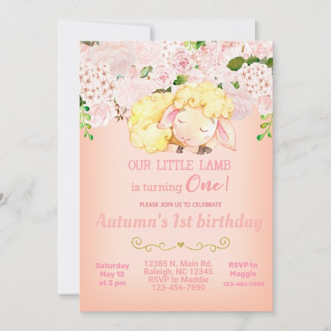 Pink Lamb Girl 1st first birthday invitation. Invitation (Front)