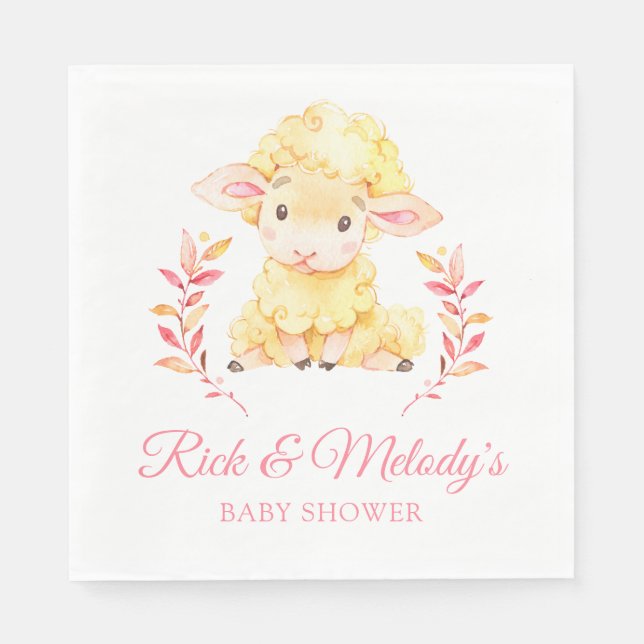Pink Lamb Sheep Baby Shower for Girl Napkins (Front)