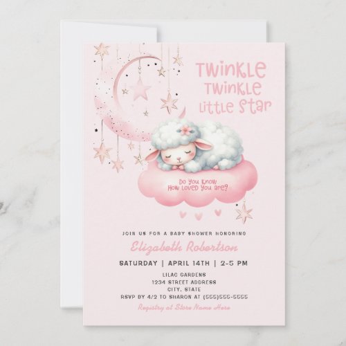 Pink lamb Twinkle Twinkle Girls Baby Shower Invitation
