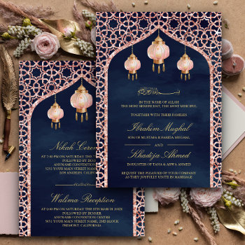 Pink Lanterns Navy Blue Rose Gold Muslim Wedding Invitation by ShabzDesigns at Zazzle