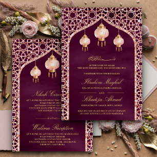 Pink Lanterns Plum Purple Rose Gold Muslim Wedding Invitation