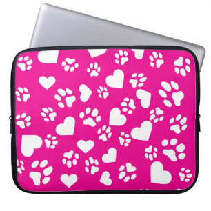 Pink Laptop Case with White Paw Prints Pattern