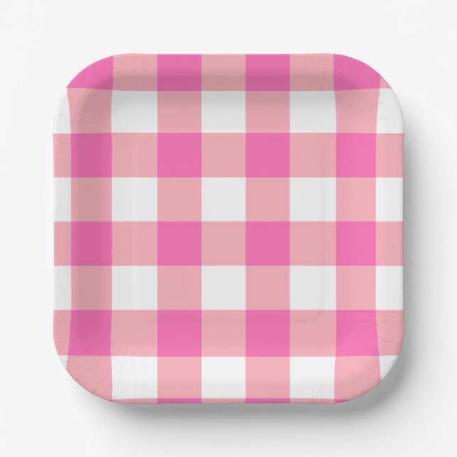 Pink Large Gingham Plaid Checks Paper Plates (Front)