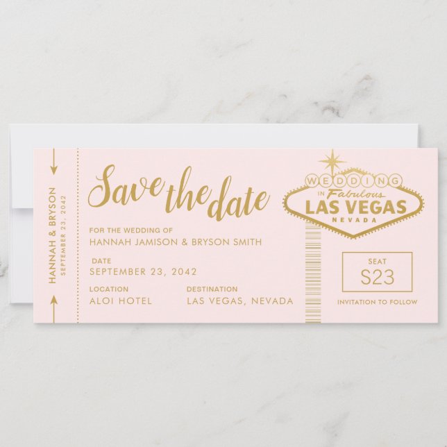 Pink Las Vegas Boarding Pass Save the Date Card (Front)