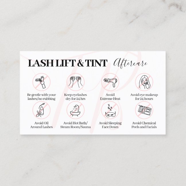 Pink Lash Lift Tint Aftercare Tips Instruction Business Card