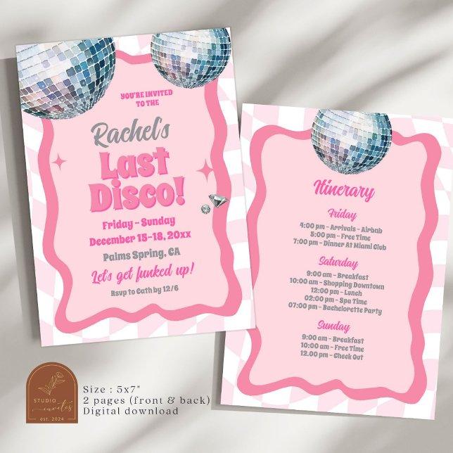 Pink Last Disco Groovy Bachelorette Party Invitation (Creator Uploaded)