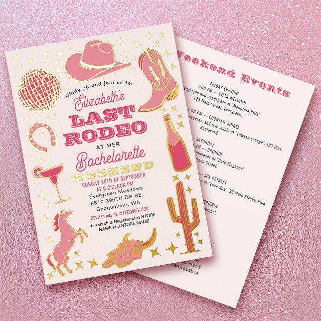 Pink Last Rodeo Cowgirl Bachelorette Weekend Foil Invitation (Creator Uploaded)