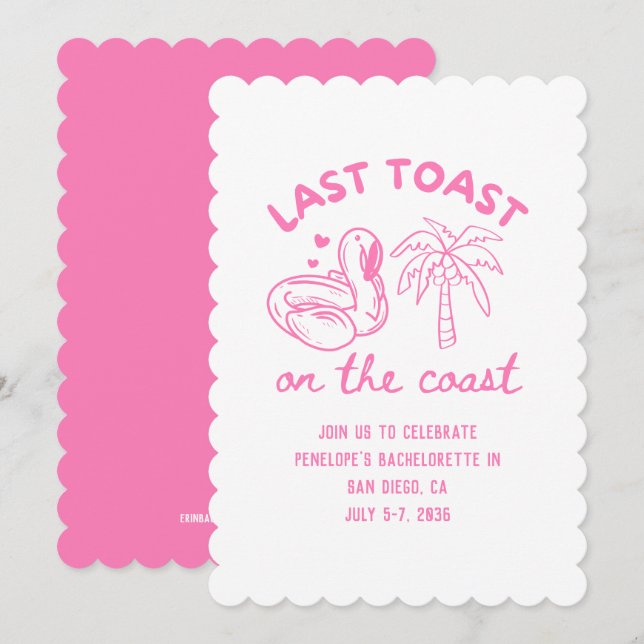 Pink Last Toast on the Coast Bachelorette Invite (Front/Back)