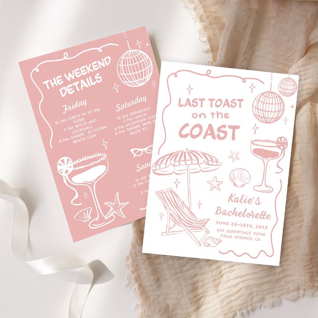 Pink Last Toast On The Coast Bachelorette Weekend Invitation (Creator Uploaded)