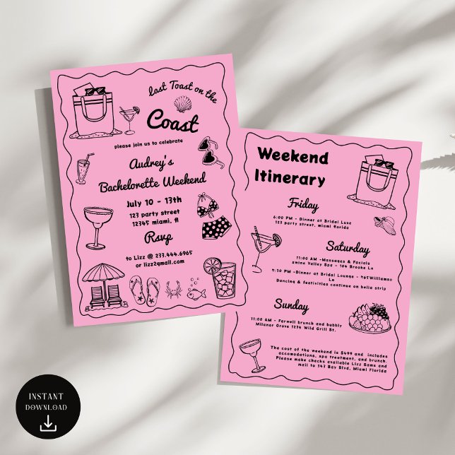 Pink Last Toast On The Coast Bachelorette Weekend Invitation (Creator Uploaded)