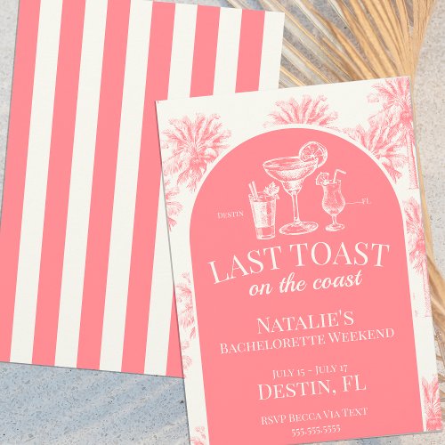 Pink Last Toast On The Coast Coastal Bachelorette Invitation