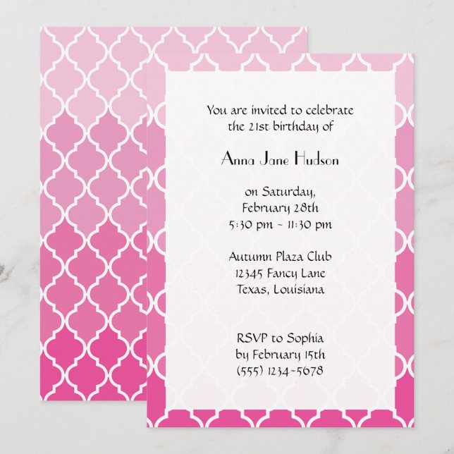Pink Latticework, Moroccan Trellis, Birthday Invitation (Front/Back)