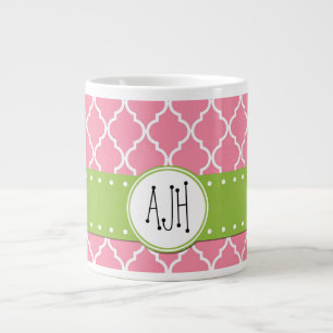 Pink Latticework, Quatrefoil, Trellis, Monogram Giant Coffee Mug
