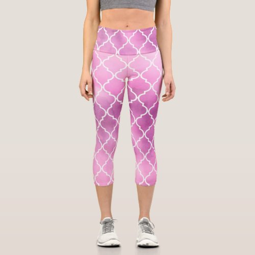 Pink Latticework Quatrefoil Trellis Watercolors Capri Leggings