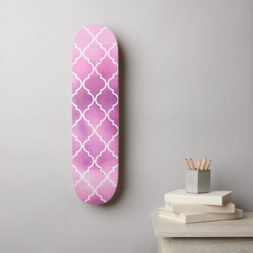 Pink Latticework Quatrefoil Trellis Watercolors Skateboard