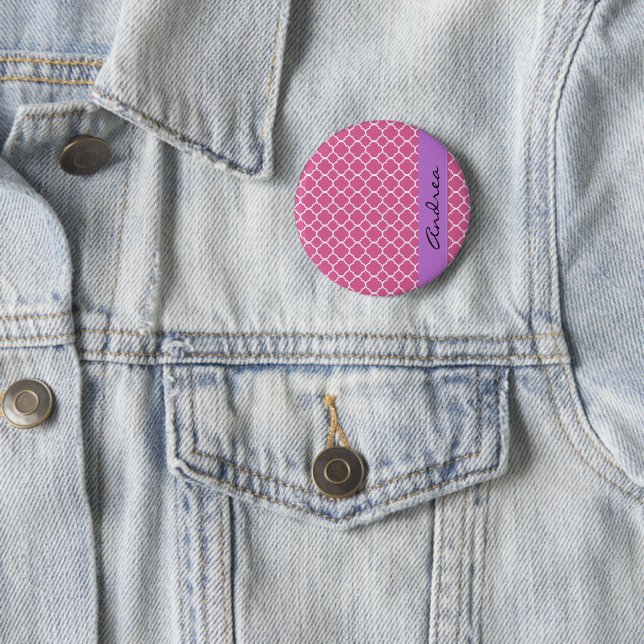 Pink Latticework, Quatrefoil, Trellis, Your Name Pinback Button (In Situ)