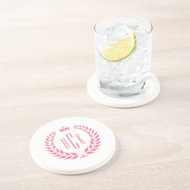 Pink Laurel Wreath Custom Monogram Coaster (Side)