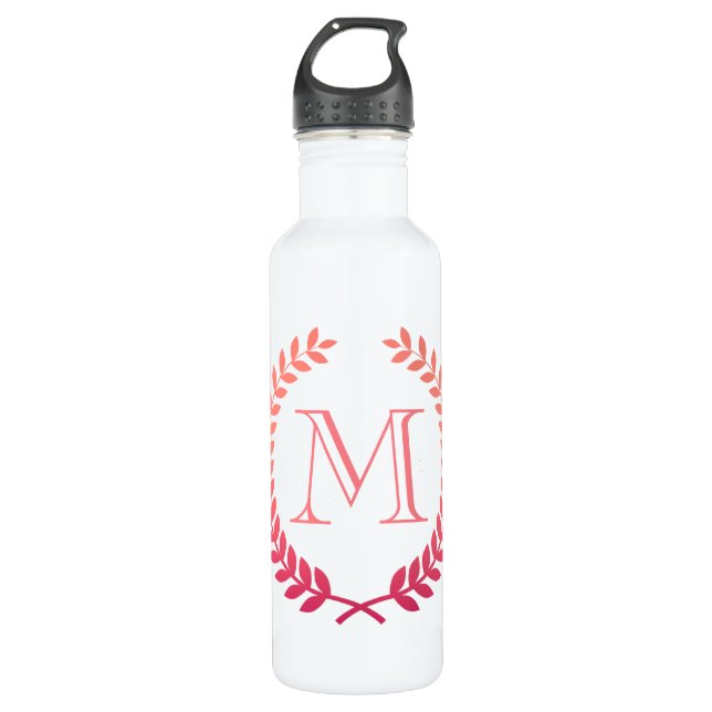 Pink Laurel Wreath Monogram Stainless Steel Water Bottle (Front)