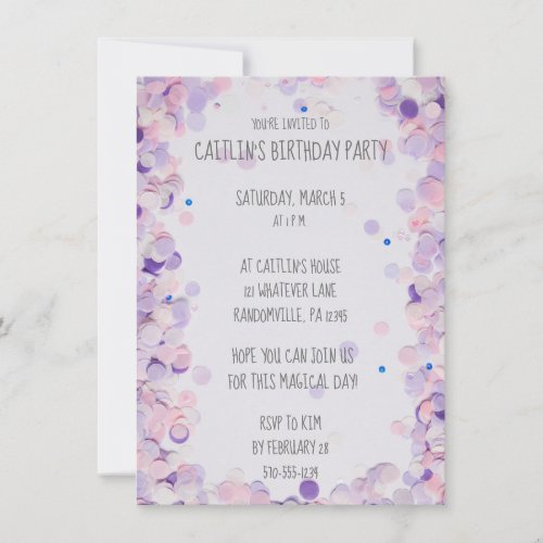 Pink  Lavender Confetti Girls Birthday Party Invitation