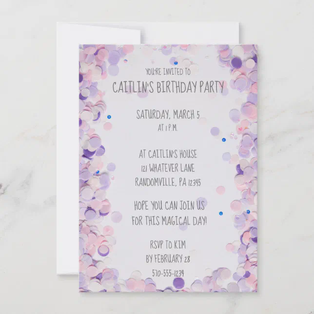 Pink & Lavender Confetti Girls Birthday Party Invitation | Zazzle
