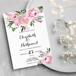 Pink lavender coral green floral theme wedding invitation