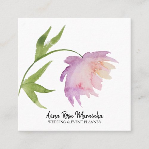  Pink Lavender Elegant Watercolor Peony Floral Square Business Card