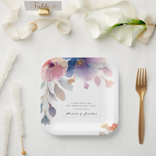 Pink Lavender Floral Christian Bible Verse Wedding Paper Plates