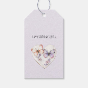 Pink Lavender Floral Heart Butterflies Birthday Gift Tags