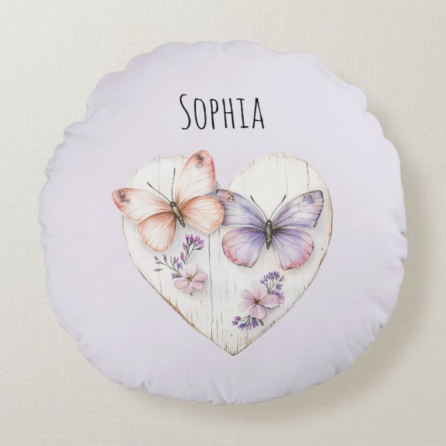 Pink Lavender Floral Heart Butterflies Birthday Round Pillow (Front)