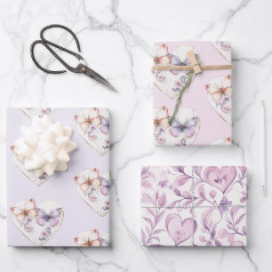 Pink Lavender Floral Heart Butterflies Birthday Wrapping Paper Sheets